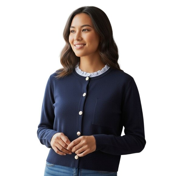 Loft Ruffle Neck Sweater Womens XL Navy Button Up Cardigan Workwear Fall Casual - Picture 1 of 12